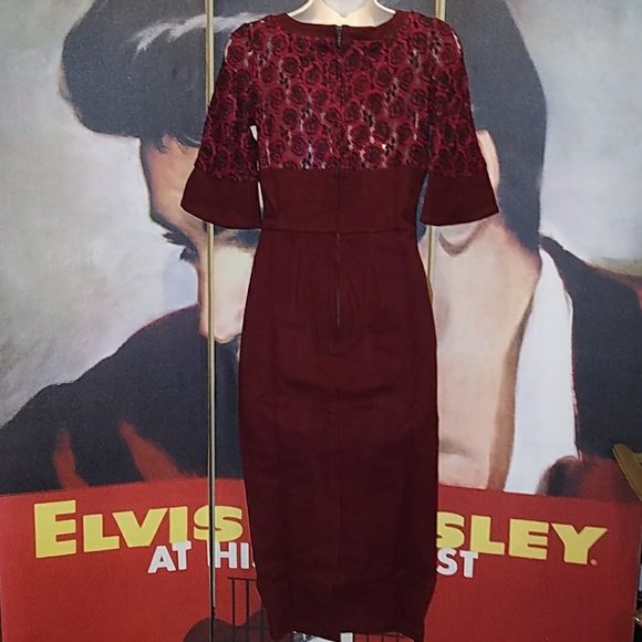 Tatyana Vintage Merlot Rose Lace Curve Hugging Pinup Bombshell Pencil Dress - Picture 7 of 8